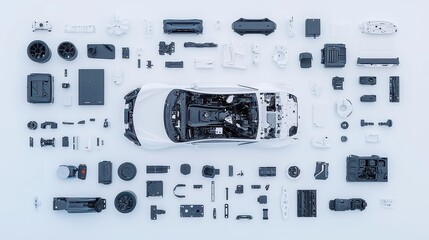 Disassembled Car in Open Space, showcasing the intricate details of the vehicle's components, highlighting the contrast of metal against a barren backdrop, evoking a sense of abandonment.
