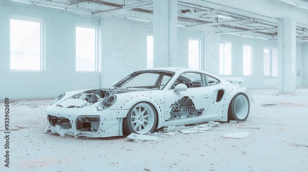 Poster disassembled automobile in an open area, showcasing intricate parts and structures, inviting explora