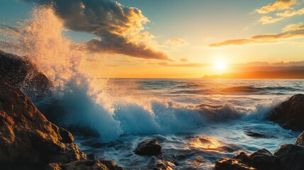 Sunrise Scene of Ocean Wave Hitting Jagged Rocks