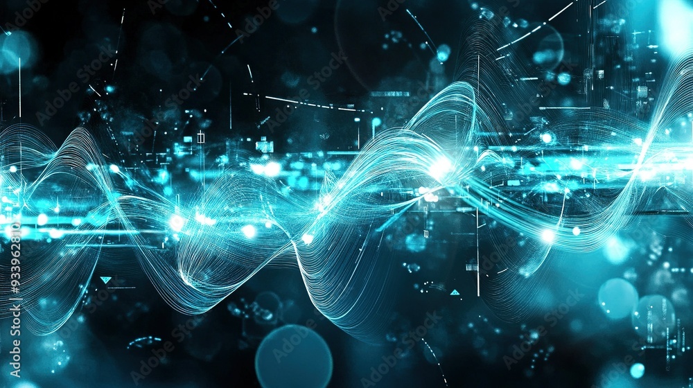 Poster dynamic abstract wave patterns illuminated in blue hues, symbolizing digital data flow through a fut