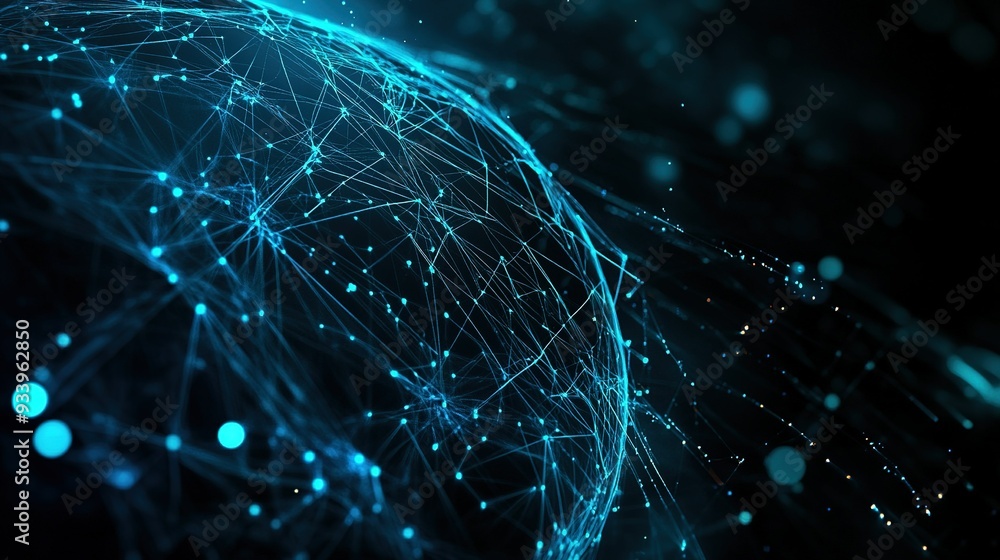 Poster a digital representation of interconnected networks illuminated in blue, showcasing the complexity o