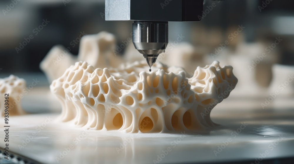 Poster 3d printer creating a white, organic-shaped object