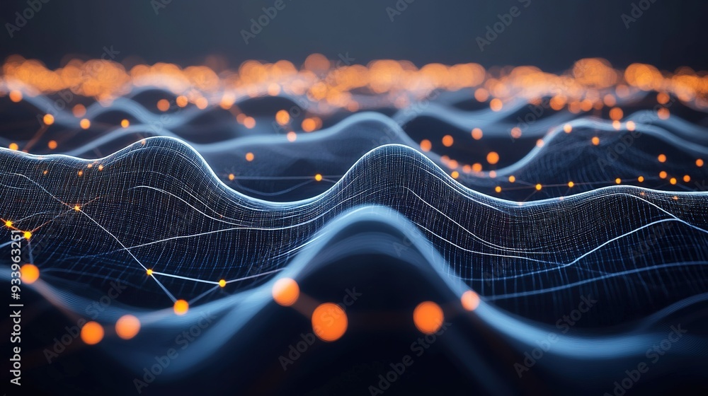 Poster a digital landscape depicting flowing waves interspersed with glowing orbs, showcasing advanced tech