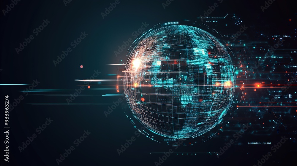 Poster a digital globe illuminated by data streams, showcasing technological advancements and connectivity 