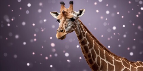 Giraffe wearing a ballet tutu on purple background.