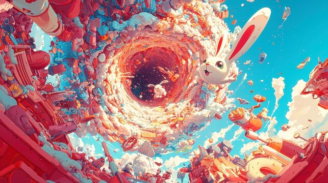 Whimsical Descent into a Rabbit Hole, a vibrant cartoon-style illustration filled with various objects swirling in a fantastical journey through a magical realm