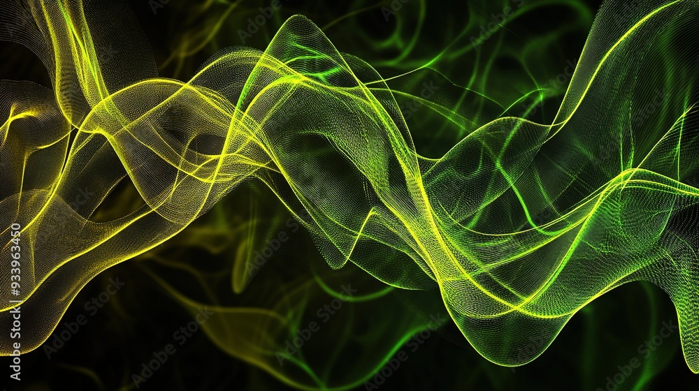 Poster abstract design showcasing dynamic green and yellow wave patterns against a dark background, illustr
