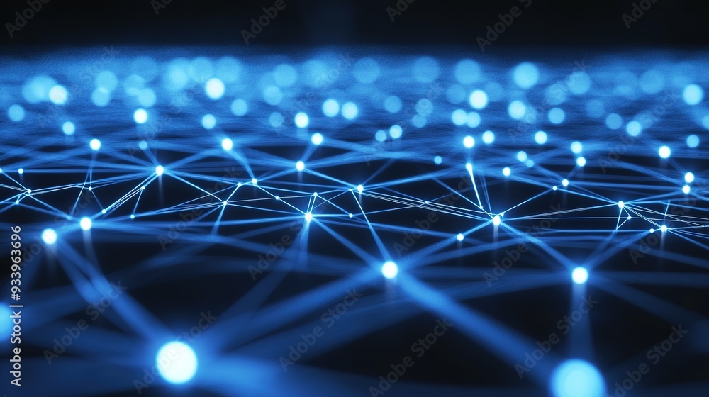 Poster a close-up view of a blue digital network with glowing nodes showcasing connections and pathways in 