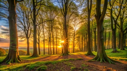 Fototapeta premium sunset-over-a-stand-of-beech-trees