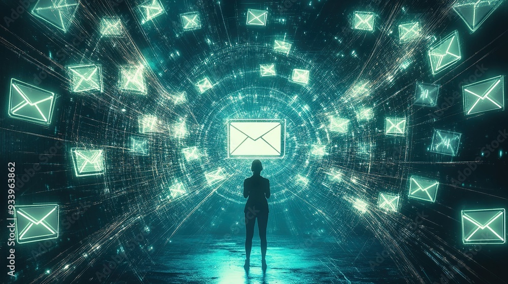 Poster a person stands in a digital landscape illuminated by glowing envelopes representing messages, empha