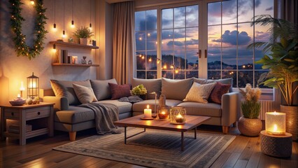 Fototapeta premium Warm and cozy living room scene at dusk with soft lighting, comfortable couch, and lively atmosphere, evoking a sense of love and togetherness.