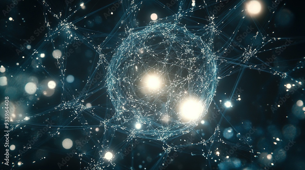 Poster intricate web of interconnected lights and spheres showcasing a digital representation of a molecula