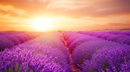 Golden Sunset Over Tranquil Lavender Field