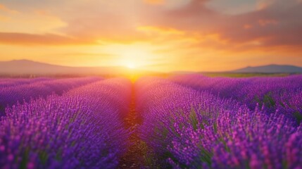 Sunset Serenity in a Lavender Field Panorama