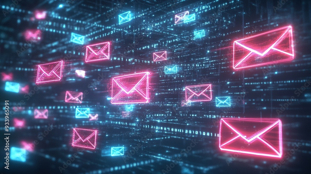 Poster a digital representation of colorful envelopes floating in a futuristic data environment showcasing 