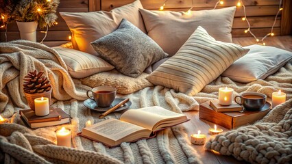 Warm and inviting scene of a plush blanket strewn with pillows, surrounded by scattered books and mementos, evoking a sense of comfort and togetherness.