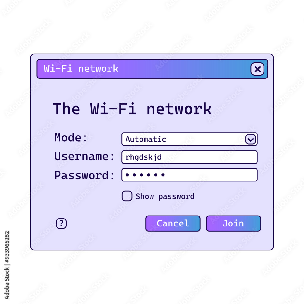 Aufkleber wifi password window with gradient in old style. network settings panel in purple and blue colors.