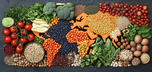 A World of Food A colorful diverse array of ingredients forming the shape of a world map on a dark background