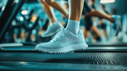 Treadmill Workout Close-Up with Fitness Class in Background