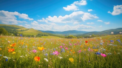 Spring Meadow with Colorful Wildflowers and Hills