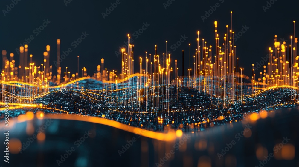 Poster abstract visual representation of digital data with glowing blue and orange elements illustrating te