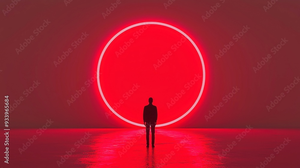 Poster man illuminated by vibrant red circle, captivating digital art illustration, dynamic composition, sh