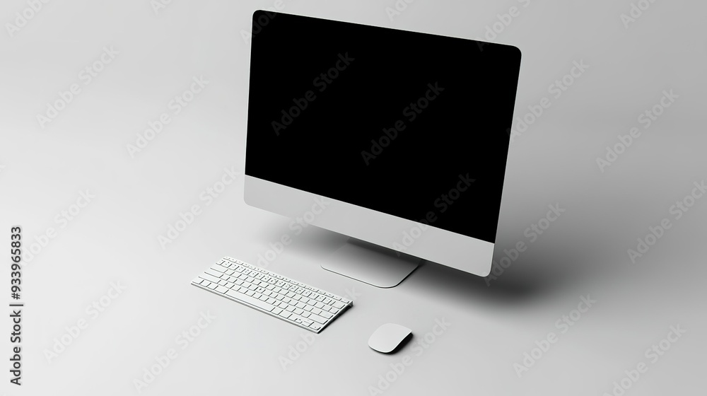 Poster a modern workspace featuring a sleek computer monitor, keyboard, and mouse on a minimalist desk with