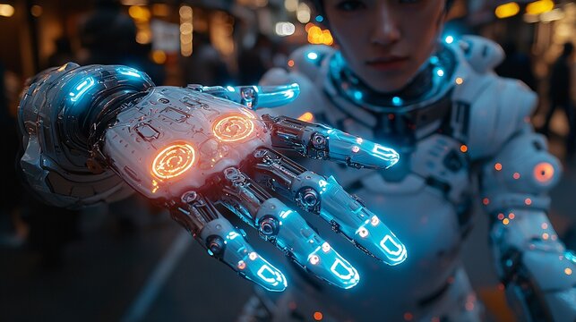A human with a heavily modified robotic arm that has multiple functionalities, glowing softly with blue light.