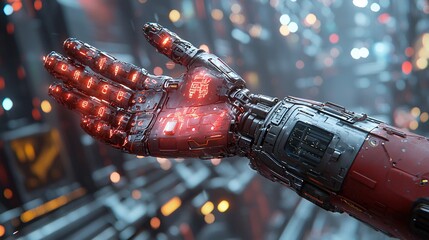 A human in a futuristic arena, their robotic arm glowing with anticipation for the upcoming battle.