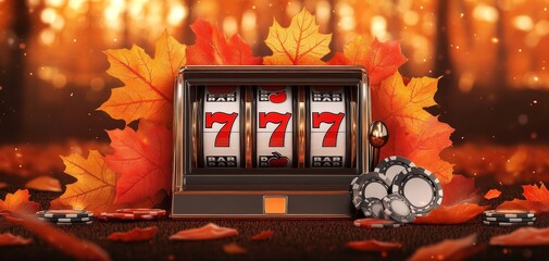 Autumn Jackpot A closeup perspective of a vintage slot machine with a 777 win surrounded by autumn leaves and casino chips on a brown background