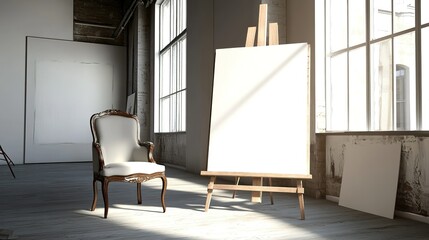 A minimalist artist's studio featuring a wooden easel and a vintage chair bathed in natural light, ideal for creative expression and painting sessions