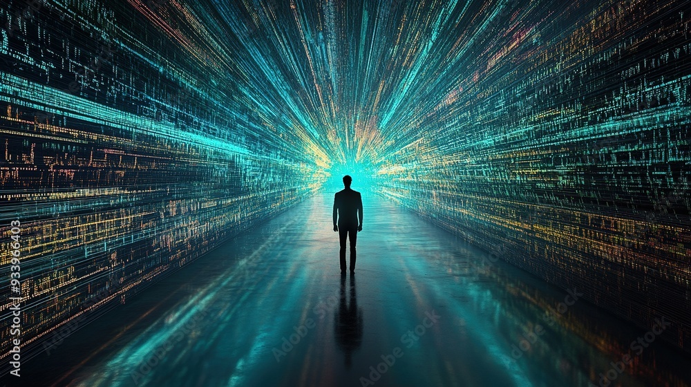 Poster A person standing in a dazzling corridor of light and data streams, surrounded by vivid colors and patterns, symbolizes the intersection of technology and human exploration