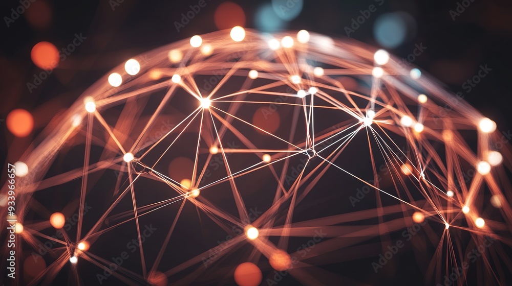 Poster intricate network of glowing connected nodes representing a digital web at night showcasing technolo