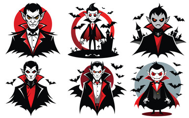 Cartoon vampire illustrations, red and black, Halloween decorations, spooky art designs. Halloween Silhouette Vampire on a white background