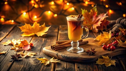 Warm golden lighting illuminates a rustic wooden table adorned with a fragrant cinnamon stick garnish, atop a richly colored autumn-inspired cocktail, surrounded by fallen leaves.