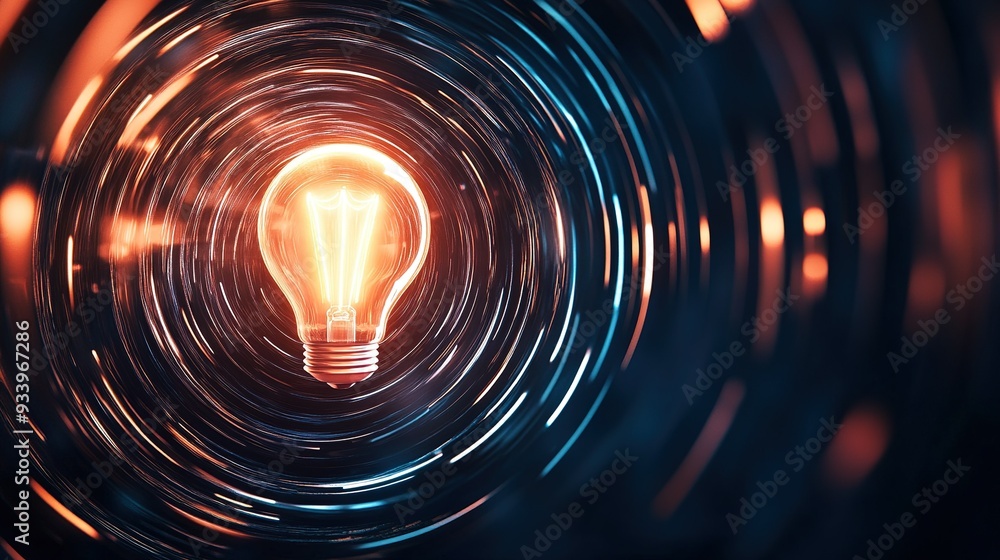 Poster a glowing light bulb surrounded by swirling patterns in a dark environment, showcasing a dynamic int