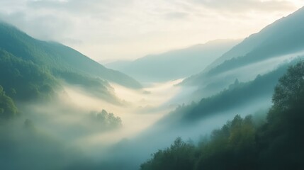 Naklejka premium Tranquil Sunrise in the Misty Highlands