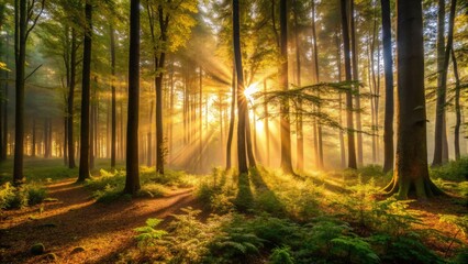 Obraz premium Warm golden light shining through dense foliage, casting dappled shadows on the forest floor, creating a serene and peaceful atmosphere in the misty morning.