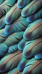 Elegant Close-Up of Overlapping Turquoise Bird Feathers with Intricate Detail and Soft Gradient Colors
