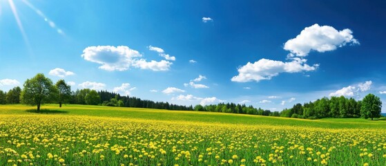 A serene sunny meadow with yellow flowers, green trees under a bright blue sky with fluffy clouds. © KumCup