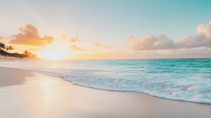 Obraz premium A serene sunset over a tranquil beach with gentle waves lapping at the shore and colorful clouds reflecting the fading light in a tropical paradise