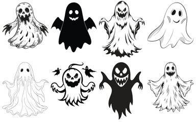 Creepy and cute ghost illustrations with varying designs, black and white, Halloween decorations. Ghost vector set, cartoon, autumn.