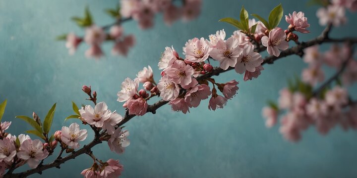 Pastel blue background showcasing spring blossoms on branches with copy space image.