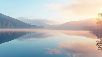 Obraz premium Tranquil misty morning at a serene lake surrounded by mountains and trees reflecting soft pastel colors during sunrise