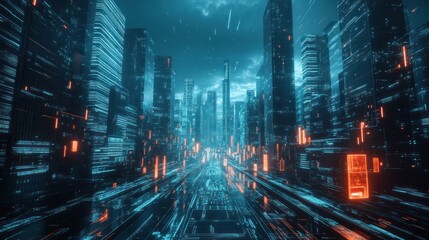 Futuristic Cityscape with Neon Lights and Data Streams