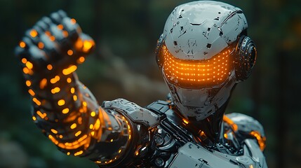 A human in battle armor with a glowing robotic arm raised in a fist, symbolizing power and defiance.