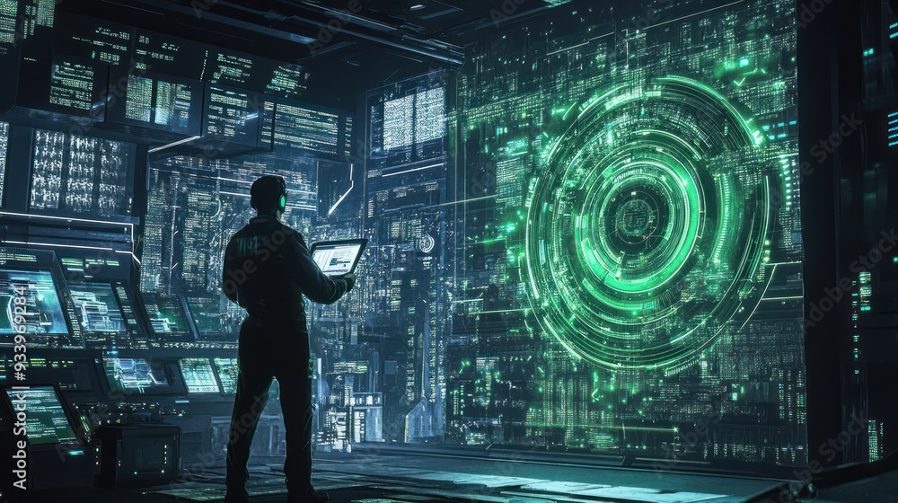 Poster Silhouetted Figure in a Futuristic Control Room with a Large Green Display