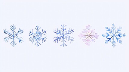 Hand-painted watercolor snowflakes, intricate frost crystals crafted on paper, ideal for festive New Year and Christmas cards, charming winter-themed design.
