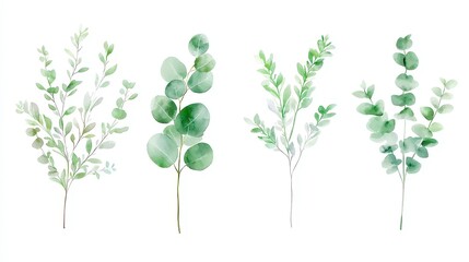 Fototapeta premium Watercolor Spring Botanicals, Hand-painted eucalyptus leaves and grass on white background, Ideal for design, print, fabric, or background use, Exquisite floral illustration