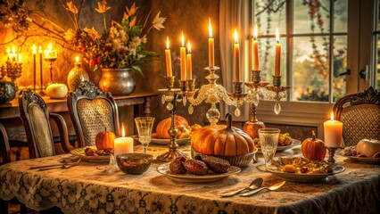 Warmly lit vintage dining table setting with traditional Thanksgiving feast, adorned with antique candles, lace tablecloth, and ornate metalwork, evoking nostalgic autumnal charm.